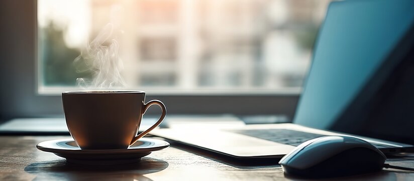 A steaming cappuccino in white porcelain mug beside open laptop and ergonomic mouse on teak desk, sunlight through venetian blinds creating stripe illumination on retro wallpaper.