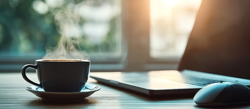 A steaming cappuccino in white porcelain mug beside open laptop and ergonomic mouse on teak desk, sunlight through venetian blinds creating stripe illumination on retro wallpaper.