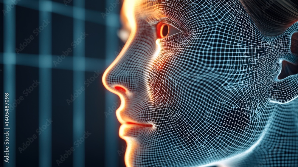 Poster futuristic digital face visualization technology studio 3d model abstract environment close-up view 