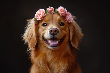 Golden retriever wearing a flower crown smiles with joy against a dark backdrop during a sunny afternoon