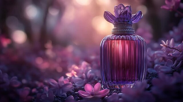 Purple perfume bottle in a floral garden; evocative, beautiful