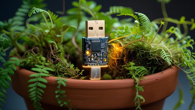 Modern USB flash drive with glowing circuit board embedded in plant pot