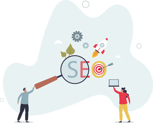 SEO service.Cartoon tiny people search marketing information, analyze algorithms and statistic data with magnifying glass .flat character life .