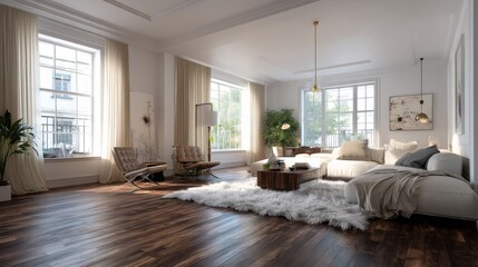 Modern living room with a comfy sectional sofa, large windows, and hardwood floors.
