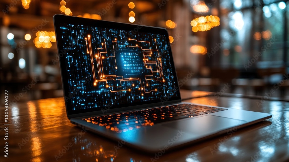 Poster digital circuitry displayed on a laptop screen in a dimly lit cafe