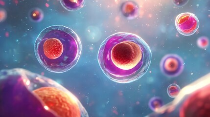 Fototapeta premium floating cells with purple outer membranes and orange-red inner structures, surrounded by small pink particles and sparkling light points against a blue sci-fi background