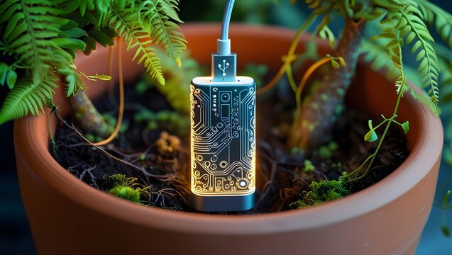 Creative USB flash drive in plant pot showcasing glowing circuit pattern