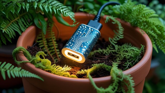 USB flash drive integrated into plant pot with illuminated circuit design