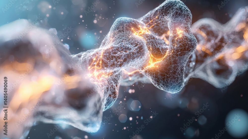 Poster dynamic molecular interaction laboratory digital art sci-fi environment close-up view concept of ene