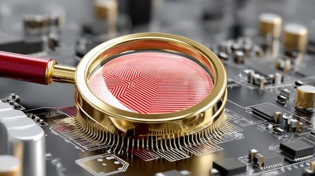 Magnifying the Digital World: A close-up shot showcasing a gold magnifying glass hovering over a complex circuit board, highlighting the intricate detail and precision of modern technology.