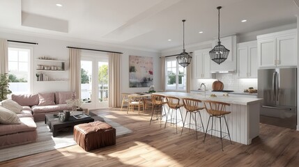 Modern kitchen and living area with neutral tones.