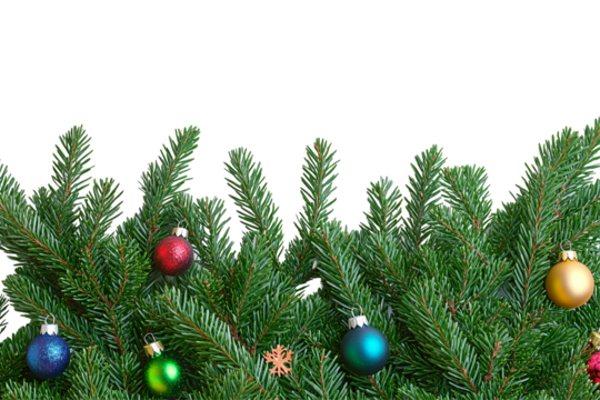 Festive evergreen branches adorned with colorful ornaments and a delicate snowflake on a transparent background