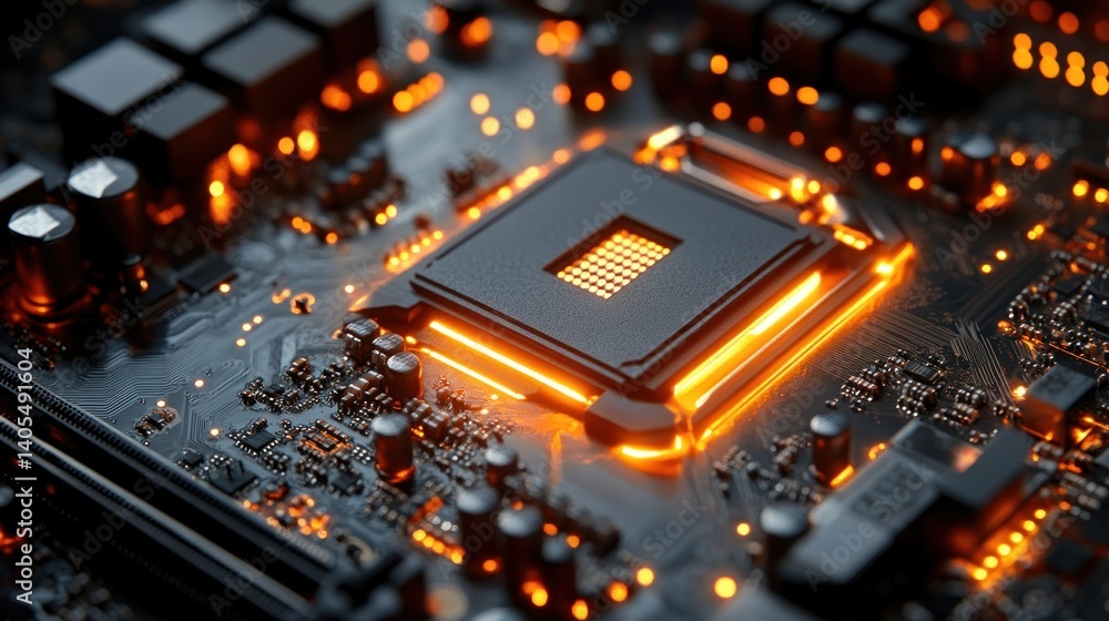 Poster illuminated microprocessor: a close-up of a computer motherboard's central processing unit