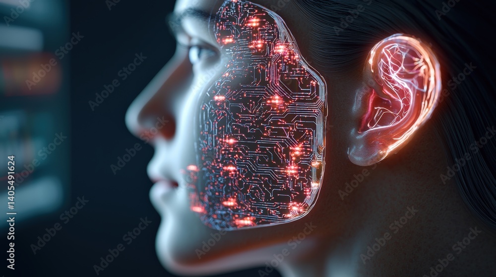Poster futuristic ai integration in human design virtual space digital art technology concept side profile 