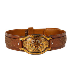 Wide brown leather belt with ornate gold buckle.