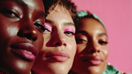 Diverse Beauty Portrait – Close-Up of Multi-Ethnic Models with Glowing Skin, Soft Pastel Light, Natural Makeup, Skincare Aesthetic, High Fashion Editorial Style, Copy Space