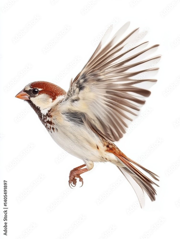 Poster sparrow in mid-air flight with wings in motion against a clear white background showcasing agility a