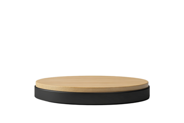 A circular, light-brown wooden stage on a black base. Isolated on a pure, solid transparent background. Minimal, clean
