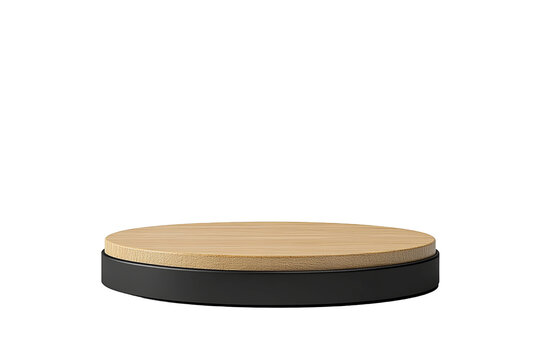 A circular, light-brown wooden stage on a black base. Isolated on a pure, solid transparent background. Minimal, clean