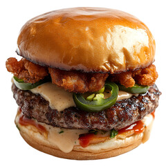 Delicious Spicy Burger with Crispy Onions and Jalapenos,