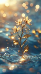 Delicate Flower Emerges from Water with Glowing Sparkles and Light
