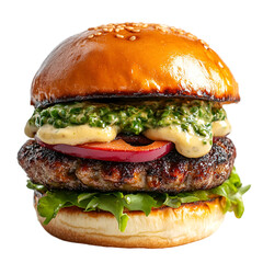Delicious Gourmet Burger with Green Sauce Sesame Bun,