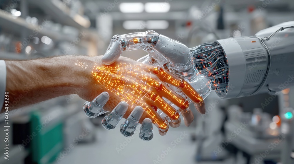 Poster innovative robot handshake advanced robotics lab digital art futuristic setting close-up perspective