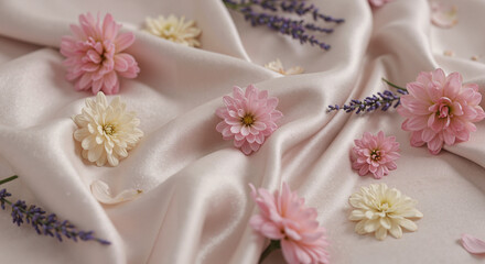 Delicate flowers scattered on soft satin fabric background  