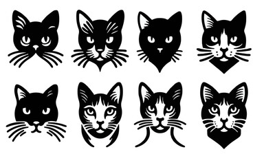 Cat breeds vector illustration. Different cats head portrait hand drawn black on white background. 