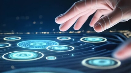 Close-up of futuristic human hands interacting with a holographic touchscreen interface, glowing digital elements and sparkles in a dark room.

 - Powered by Adobe