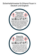 Sicherheitshinweise f&uuml;r Ethanol-Feuer in Deutsch und Englisch