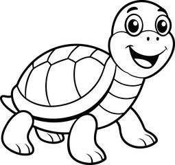 A cheerful cartoon turtle with a big smile, ideal for children's coloring books and educational materials. The turtle is outlined in black and white, making it perfect for print-and-color activities.
