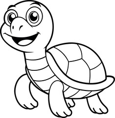 A cheerful cartoon turtle with a big smile, ideal for children's coloring books and educational materials. The turtle is outlined in black and white, making it perfect for print-and-color activities.
