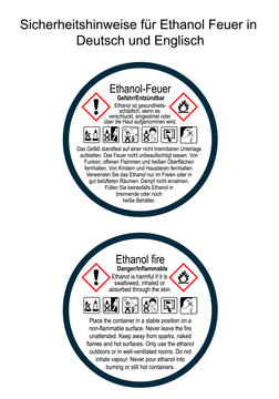Sicherheitshinweise f&uuml;r Ethanol-Feuer in Deutsch und Englisch