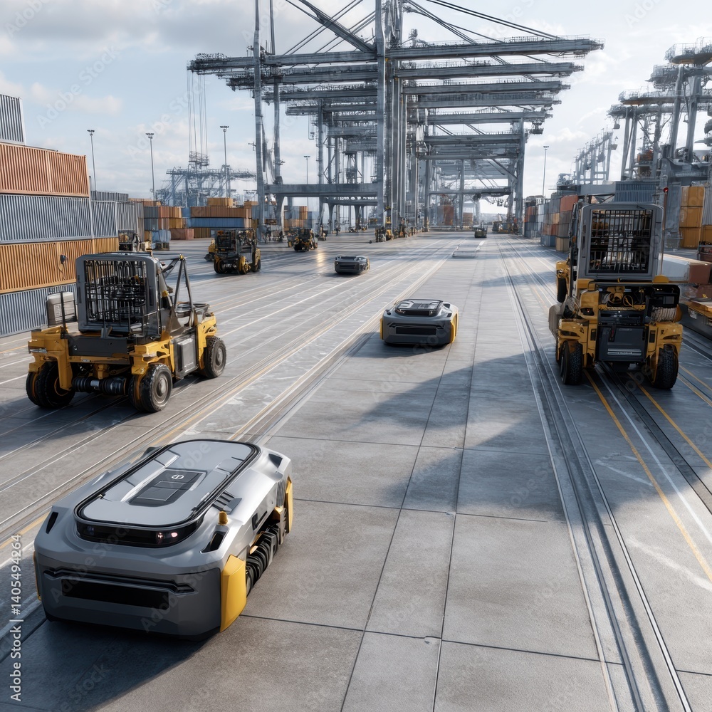 Poster ai-powered logistics system coordinating material delivery, autonomous cranes, and robotic arms to s