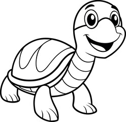 A cheerful cartoon turtle with a big smile, ideal for children's coloring books and educational materials. The turtle is outlined in black and white, making it perfect for print-and-color activities.