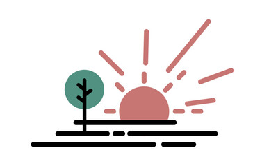 Weather and ecology vector illustration. Sunset landscape with tree. Webpage icons