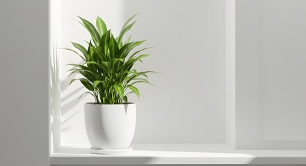 A green plant in a white pot sits on a white shelf with shadows on the white wall behind it indoors