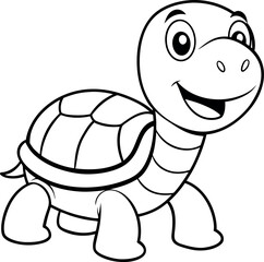 A cheerful cartoon turtle with a big smile, ideal for children's coloring books and educational materials. The turtle is outlined in black and white, making it perfect for print-and-color activities.
