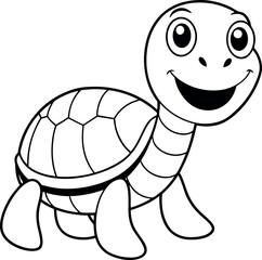 A cheerful cartoon turtle with a big smile, ideal for children's coloring books and educational materials. The turtle is outlined in black and white, making it perfect for print-and-color activities.