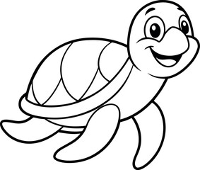 A cheerful cartoon turtle with a big smile, ideal for children's coloring books and educational materials. The turtle is outlined in black and white, making it perfect for print-and-color activities.