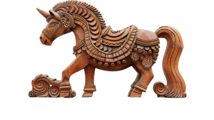 A detailed wooden unicorn sculpture, with ornate carvings, stands gracefully against a transparent background