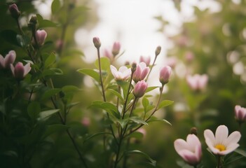 Blossoming Delight: Delicate pink flower buds and blossoms come alive in the soft glow of morning light, an ode to the serenity of a spring garden. 