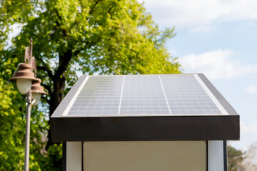 Solar panel installed at the park against bright sun, environmental equipment for the production of...