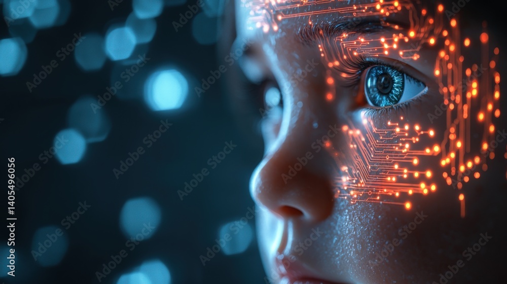 Poster transformative technology child's face merged with digital circuits futuristic environment close-up 