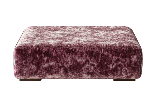 Plush, rectangular seat cushion in mottled mauve. Soft textile. Low perspective on transparent background
