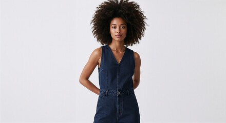 Stylish Woman in Casual Navy Jumpsuit with Natural Hair