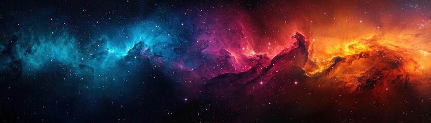 Naklejka premium A vibrant cosmic landscape featuring swirling colors of blue, pink, and orange, set against a backdrop of twinkling stars, evoking the wonders of the universe.