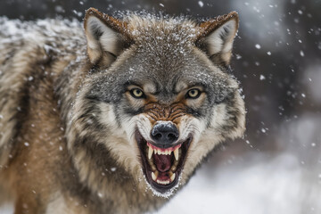 Fototapeta premium Snarling wolf in a snowstorm