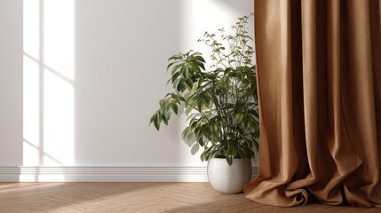 Fototapeta premium Sunlight streams into a room, illuminating a potted plant and brown curtains.